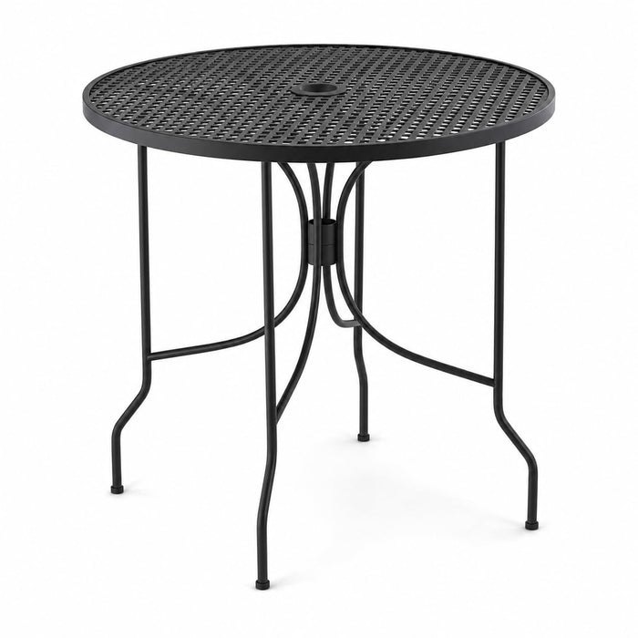 Glownary Harbor Round Outdoor Dining Table, Black Steel Mesh, 30 Inch, Standard Height with Ornate Legs, Umbrella Hole, 3-4 Seating