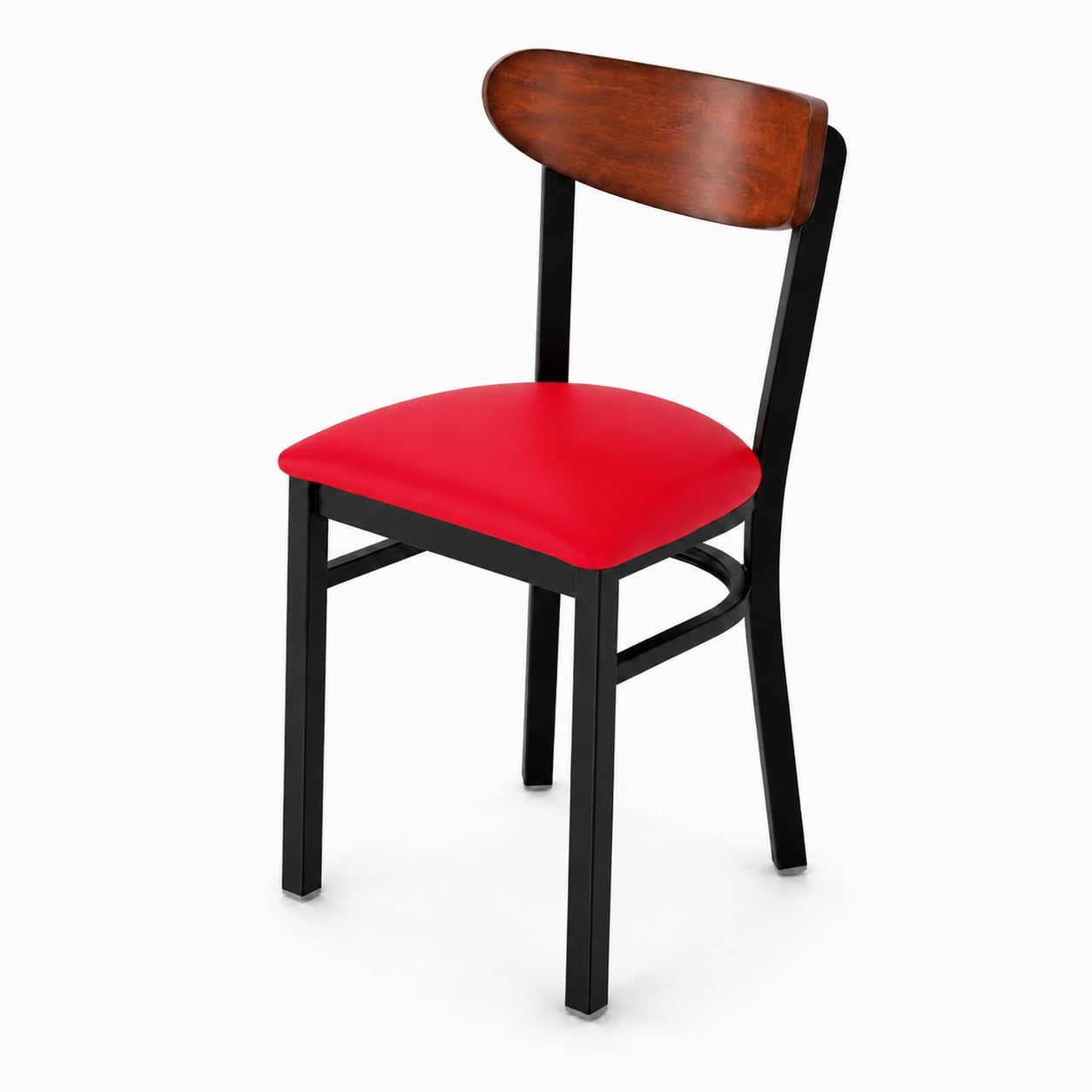 Glownary Boomerang Chair, Black Metal Frame with Red Vinyl Seat, Antique Walnut Wood Back, Mid-Century Style, Indoor Commercial, 32 Inch Height