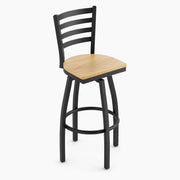 Glownary Ladder Back Swivel Bar Stool, Black Metal Frame with Driftwood Wood Seat, 44.5 Inch Height, 330 lb Capacity, Modern Style