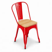Glownary Alloy Indoor Cafe Chair, Ruby Red Metal Frame with Natural Wood Seat, 33.5 Inch Height, 400 lb Capacity, Stackable, Modern Style
