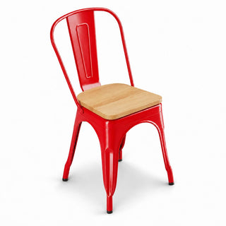 Glownary Alloy Indoor Cafe Chair, Ruby Red Metal Frame with Natural Wood Seat, 33.5 Inch Height, 400 lb Capacity, Stackable, Modern Style