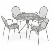 Glownary Harbor Round Outdoor Dining Set, Gray Steel Mesh, 36 Inch Table with 4 Stackable Arm Chairs, Modern Style, Standard Height