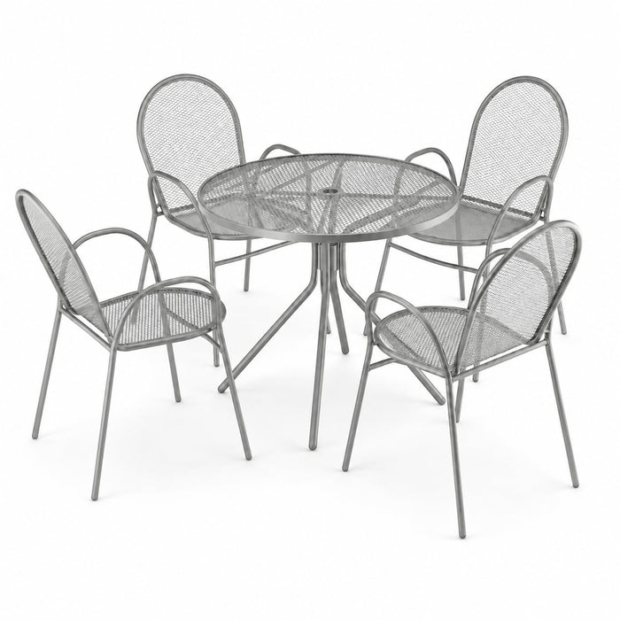 Glownary Harbor Round Outdoor Dining Set, Gray Steel Mesh, 36 Inch Table with 4 Stackable Arm Chairs, Modern Style, Standard Height