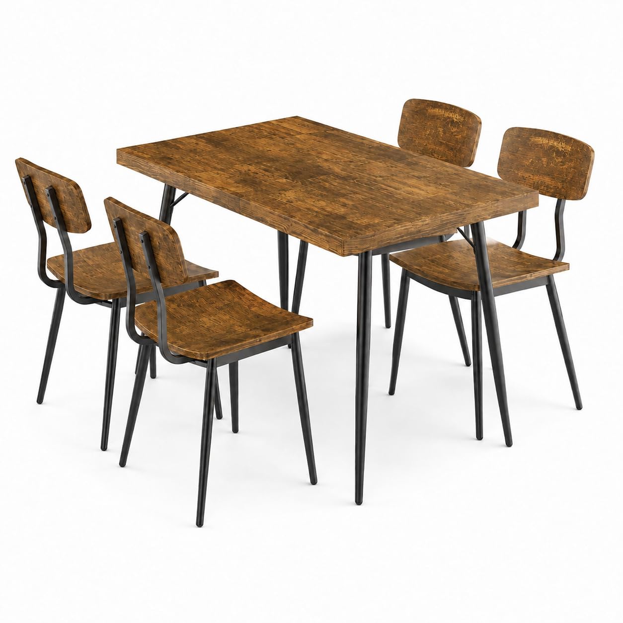 Glownary Mid-Century Rectangular Butcher Block Table Set, Vintage Wood, 30x48 Inch, with 4 Chairs, Black Steel Base