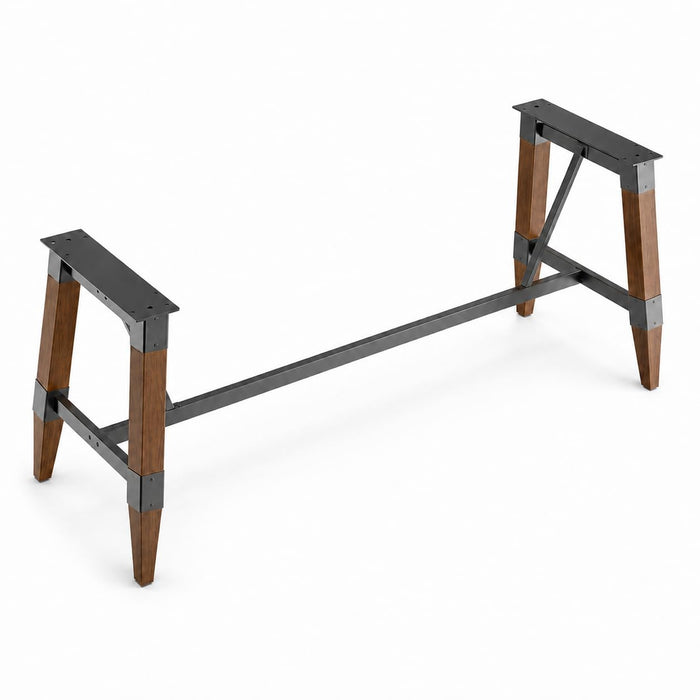 Glownary Industrial Trestle Table Base, Rustic Walnut, Wood Steel Construction, 78 x 25.3 x 28 Inches, 400 lb Capacity, Standard Height