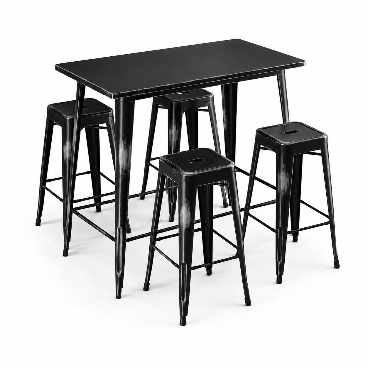Glownary Alloy Outdoor Bar Height Table Set, Distressed Onyx Black, Steel, 48x30 Inch Table with 4 Backless Barstools, Stackable, Indoor Outdoor Use