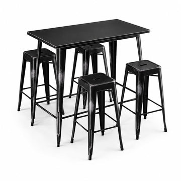 Glownary Alloy Outdoor Bar Height Table Set, Distressed Onyx Black, Steel, 48x30 Inch Table with 4 Backless Barstools, Stackable, Indoor Outdoor Use