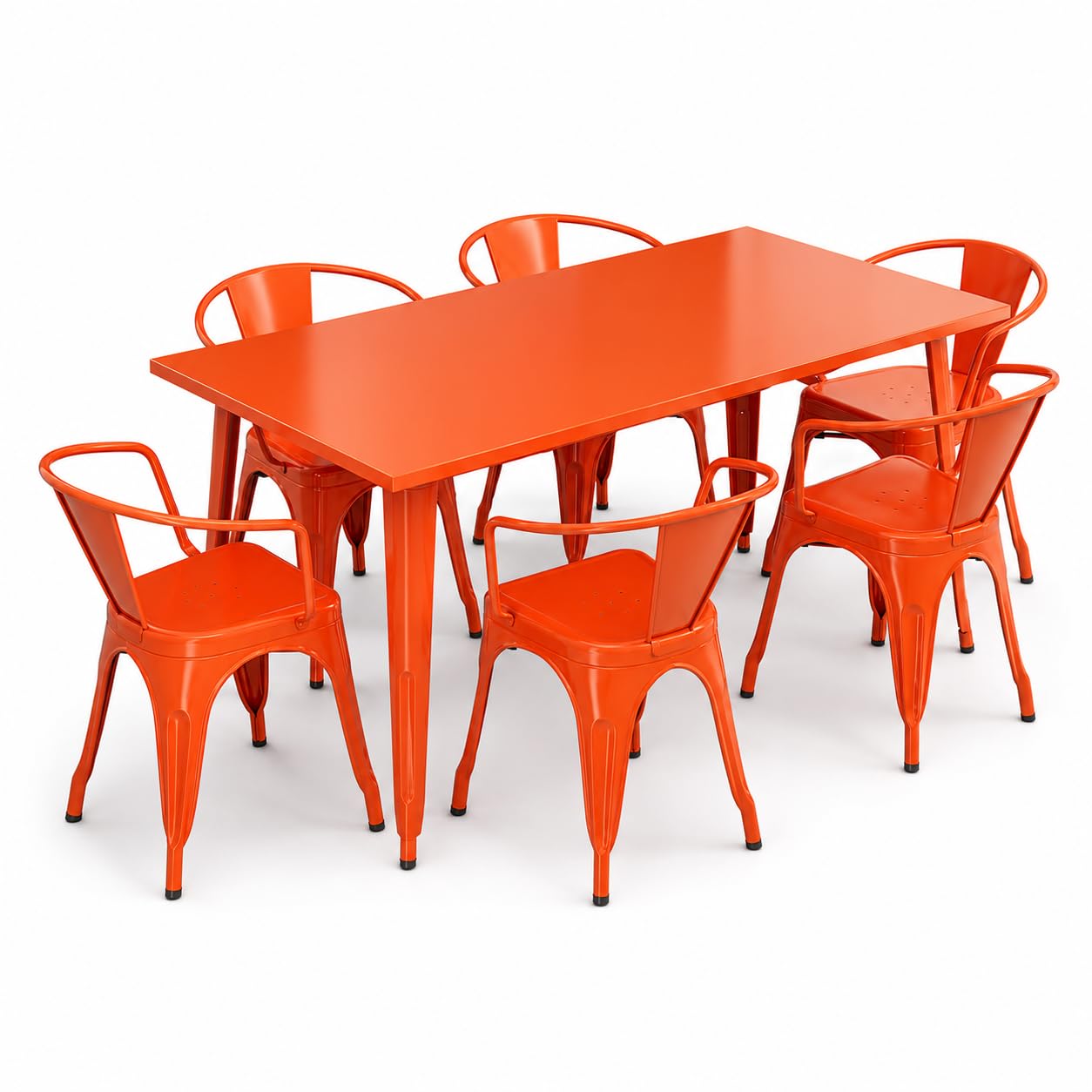 Glownary Alloy Rectangular Outdoor Dining Set, Amber Orange Steel, 63 x 31.5 Inch Table with 6 Stackable Arm Chairs, Indoor Outdoor Use
