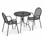 Glownary Harbor Round Outdoor Dining Set, Black Steel Mesh, 30 Inch Table with Ornate Legs, 2 Stackable Arm Chairs