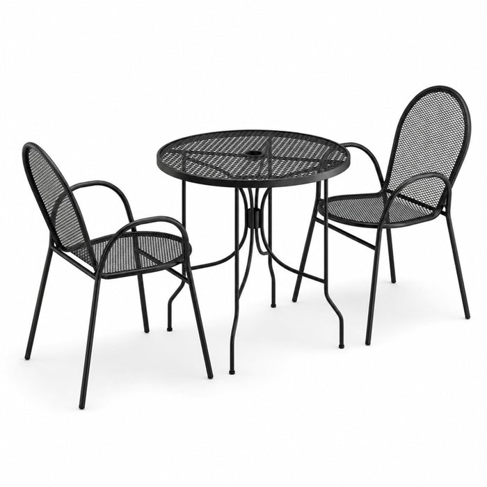 Glownary Harbor Round Outdoor Dining Set, Black Steel Mesh, 30 Inch Table with Ornate Legs, 2 Stackable Arm Chairs
