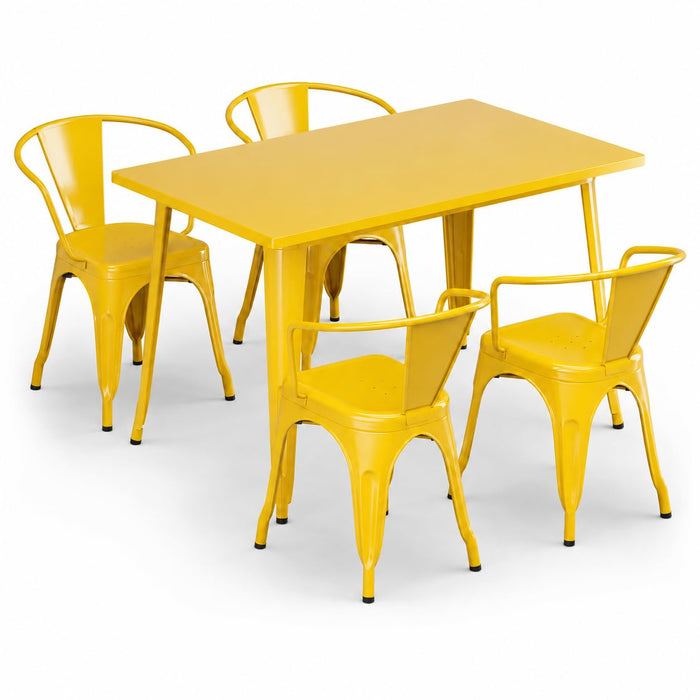 Glownary Alloy Outdoor Dining Set, Citrine Yellow, Steel, 47.5x29.5 Inch Table with 4 Stackable Arm Chairs, Standard Height, Indoor Outdoor Use