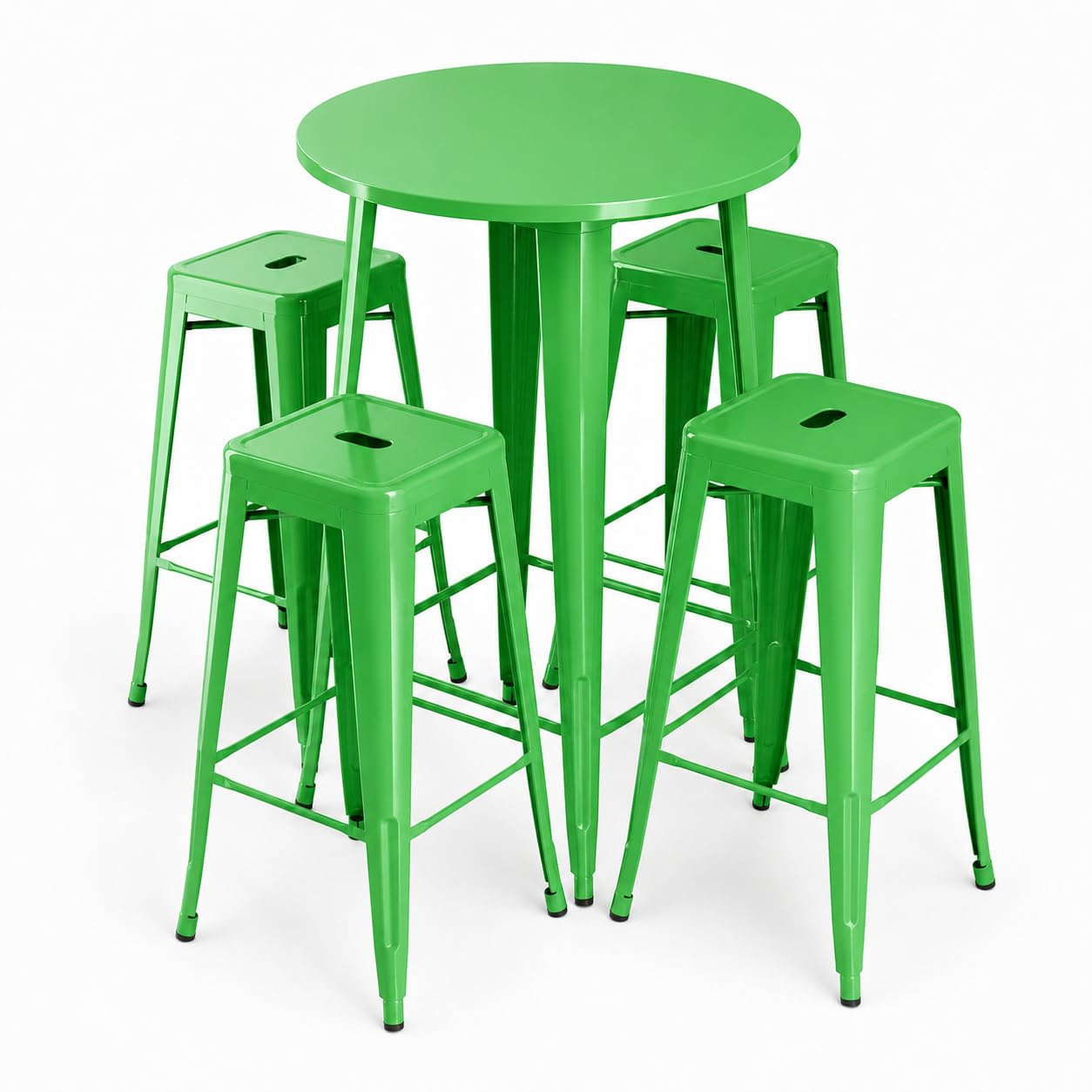 Glownary Alloy Round Bar Height Table Set, Jade Green Steel, 30 Inch, with 4 Stackable Backless Barstools, Indoor Outdoor Use, 42 Inch Height