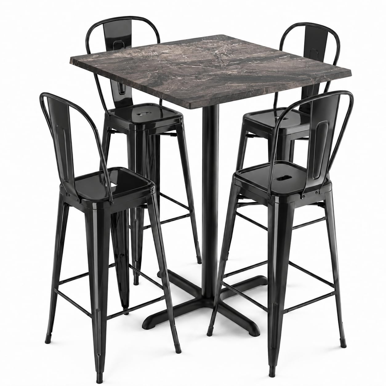 Glownary Excalibur Square Bar Height Table Set, 36x36 Inch Paladina Top with 4 Alloy Black Steel Barstools, Indoor Outdoor Commercial