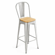 Glownary Alloy Silver Indoor Cafe Barstool with Natural Wood Seat, Metal Frame, 45.75 Inch Height, 400 lb Capacity, Industrial Modern Style
