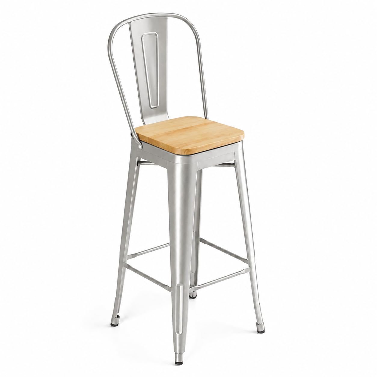 Glownary Alloy Silver Indoor Cafe Barstool with Natural Wood Seat, Metal Frame, 45.75 Inch Height, 400 lb Capacity, Industrial Modern Style