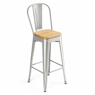 Glownary Alloy Silver Indoor Cafe Barstool with Natural Wood Seat, Metal Frame, 45.75 Inch Height, 400 lb Capacity, Industrial Modern Style