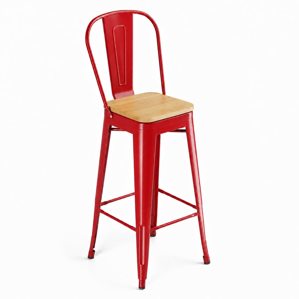 Glownary Alloy Cafe Barstool, Ruby Red Steel Frame with Natural Wood Seat, Bar Height 30 Inch, Modern Indoor, 400 lb Capacity