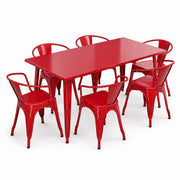 Glownary Outdoor Dining Set, Ruby Red Steel Table with 6 Arm Chairs, 63x31.5 Inch Rectangular, Standard Height, Stackable, Indoor Outdoor Use
