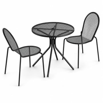 Glownary Harbor Black Round Outdoor Dining Set, 30 Inch Table with 2 Stackable Steel Mesh Chairs, Powder-Coated Metal, Standard Height