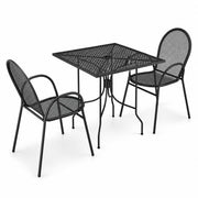 Glownary Harbor Square Outdoor Dining Set, Black Powder-Coated Steel, 30-Inch Table with Ornate Legs, 2 Mesh Arm Chairs, Standard Height