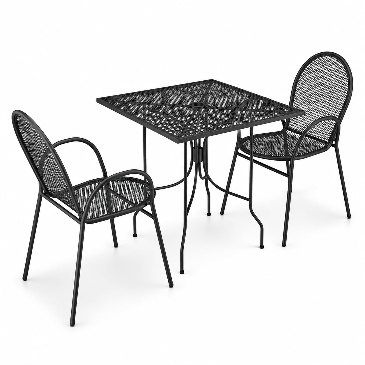 Glownary Harbor Square Outdoor Dining Set, Black Powder-Coated Steel, 30-Inch Table with Ornate Legs, 2 Mesh Arm Chairs, Standard Height