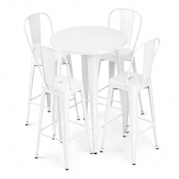 Glownary Alloy Round Pearl White Bar Height Table Set with 4 Cafe Barstools, 30 Inch, Steel Construction, Indoor Outdoor Use
