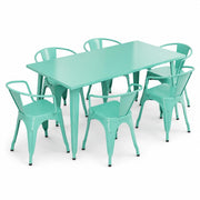 Glownary Outdoor Dining Set, Aquamarine Steel Table with 6 Arm Chairs, 63x31.5 Inch Rectangle, Stackable Chairs, Indoor Outdoor Use
