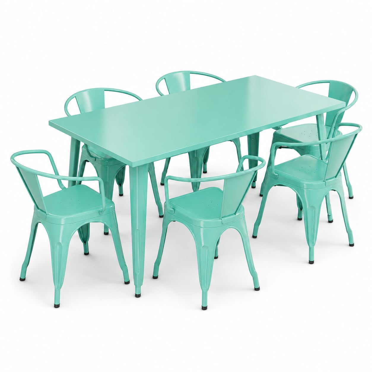 Glownary Outdoor Dining Set, Aquamarine Steel Table with 6 Arm Chairs, 63x31.5 Inch Rectangle, Stackable Chairs, Indoor Outdoor Use