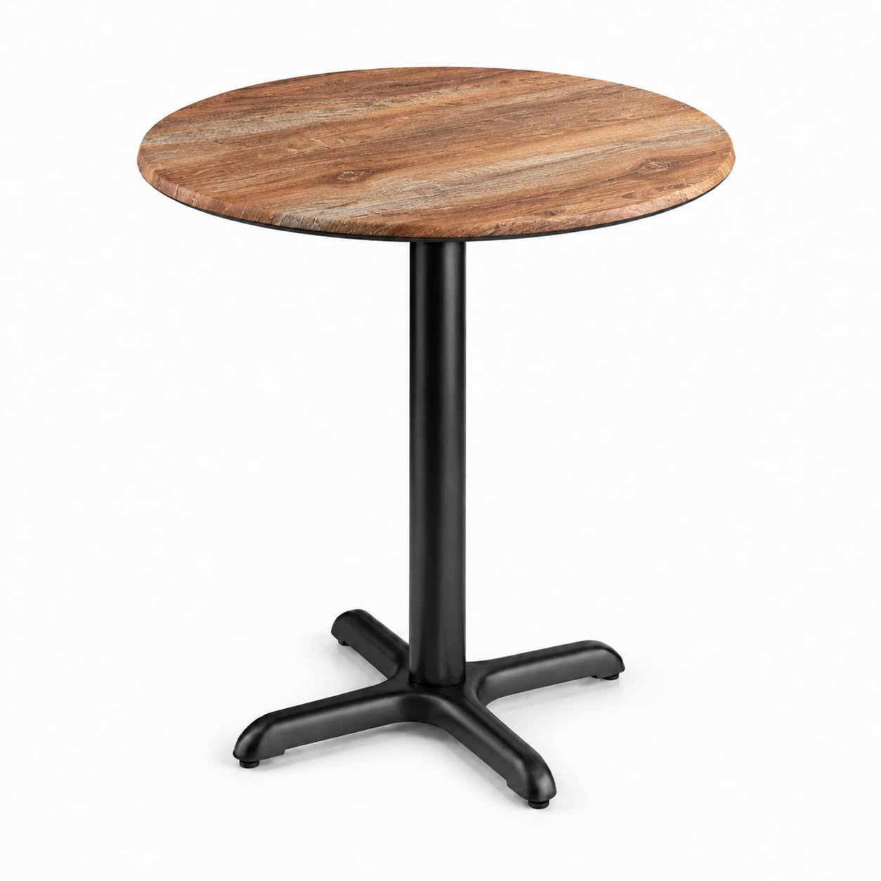 Glownary Excalibur Round Table, Textured Yukon Oak, 32 Inch Diameter, Black Cross Base, Standard Height, Indoor Outdoor Use