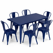 Glownary Alloy Outdoor Dining Set, Sapphire Blue Steel, 63x31.5 Inch Table with 6 Stackable Cafe Chairs, Standard Height, Indoor Outdoor Use