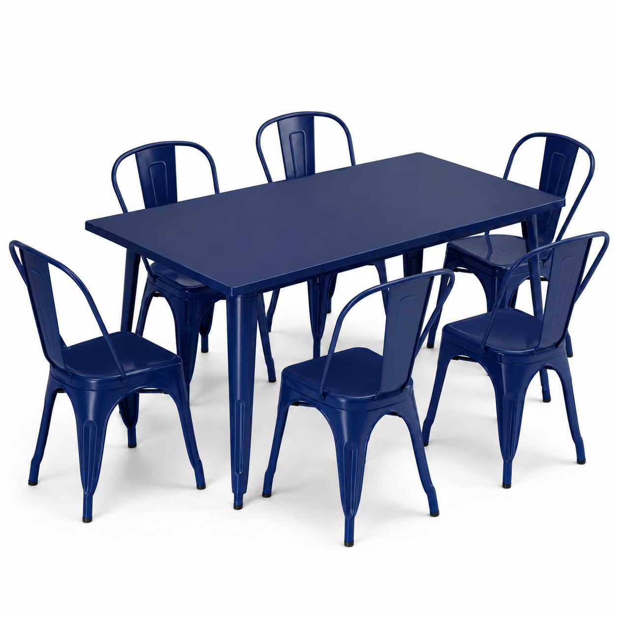 Glownary Alloy Outdoor Dining Set, Sapphire Blue Steel, 63x31.5 Inch Table with 6 Stackable Cafe Chairs, Standard Height, Indoor Outdoor Use