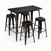 Glownary Alloy Rectangular Bar Height Table Set, Distressed Copper, Steel, 48x30 Inch, with 4 Backless Barstools, Stackable, Indoor Outdoor