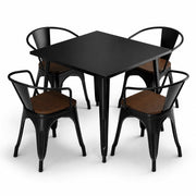Glownary Alloy Indoor Dining Set, Black Steel Table with 4 Arm Chairs, Walnut Wood Seats, 36 x 36 Inch Square Table, Standard Height