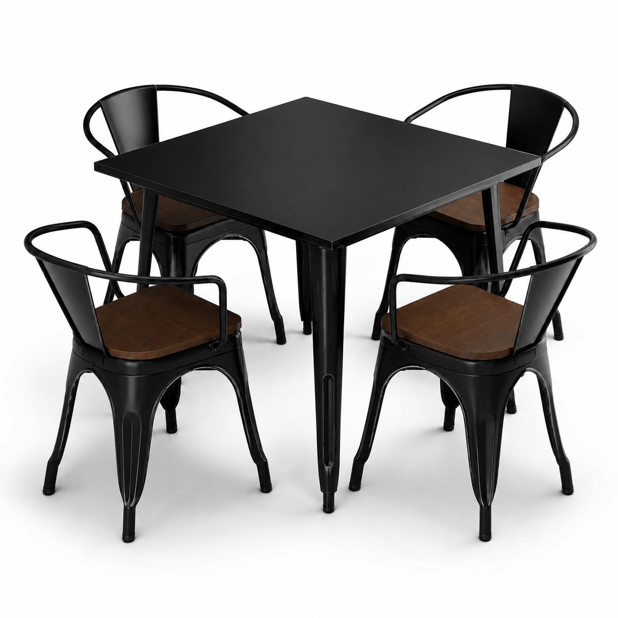 Glownary Alloy Indoor Dining Set, Black Steel Table with 4 Arm Chairs, Walnut Wood Seats, 36 x 36 Inch Square Table, Standard Height