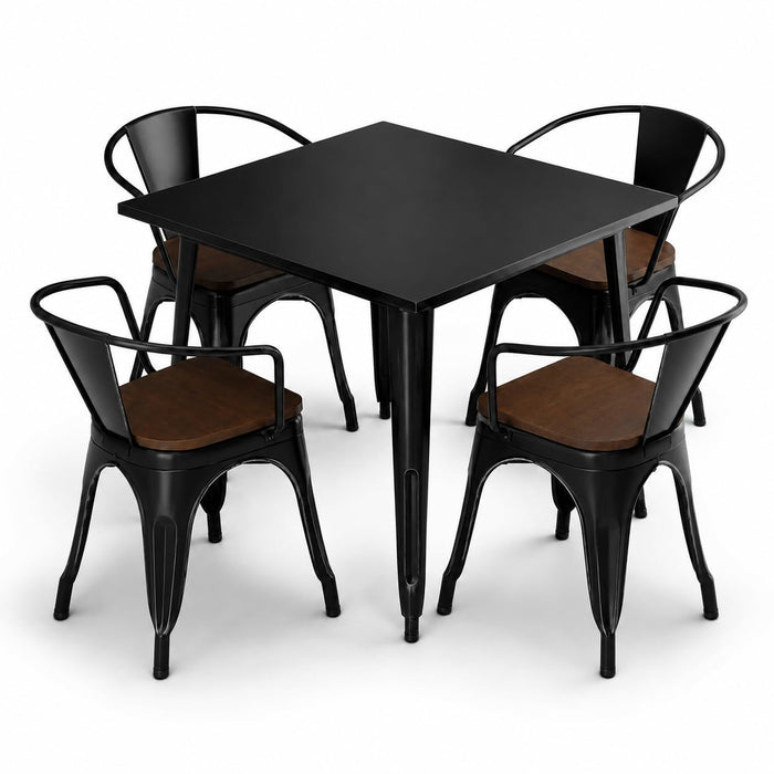 Glownary Alloy Indoor Dining Set, Black Steel Table with 4 Arm Chairs, Walnut Wood Seats, 36 x 36 Inch Square Table, Standard Height