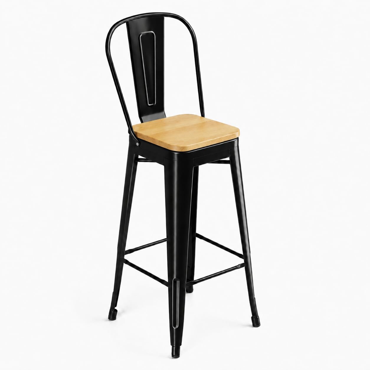 Glownary Alloy Industrial Cafe Barstool with Natural Wood Seat, Black Steel Frame, Bar Height 30 Inch, Modern Style, Indoor