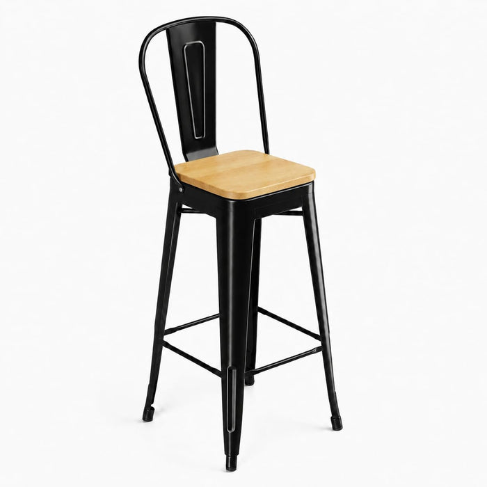 Glownary Alloy Industrial Cafe Barstool with Natural Wood Seat, Black Steel Frame, Bar Height 30 Inch, Modern Style, Indoor