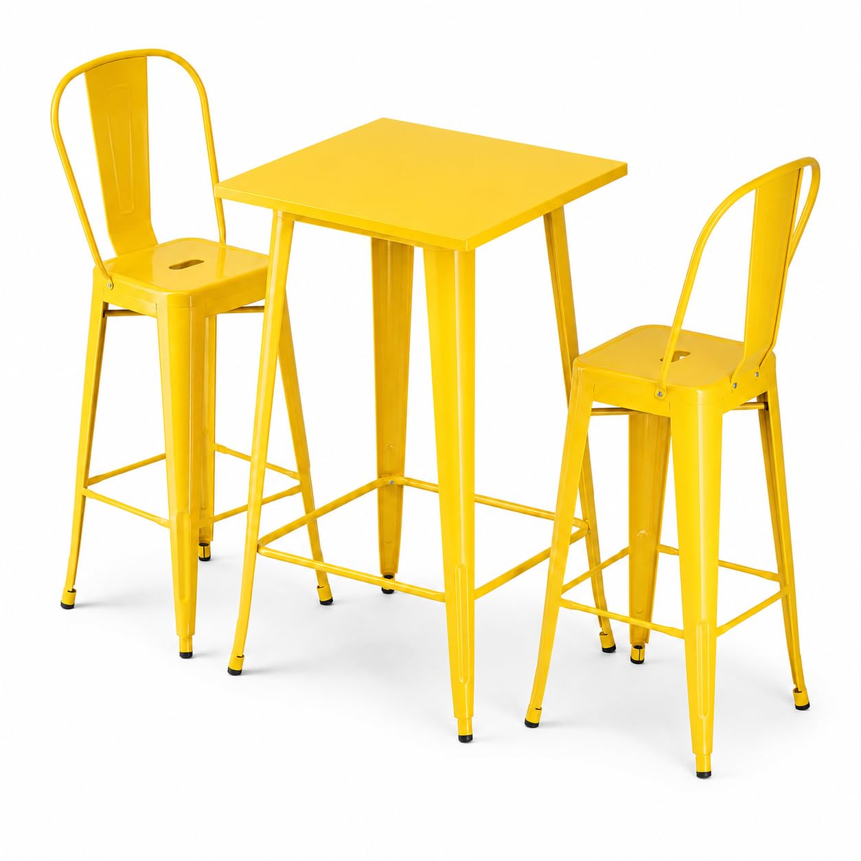 Glownary Alloy Square Bar Height Outdoor Table Set, Citrine Yellow Steel, 23.5 x 23.5 Inch, with 2 Cafe Barstools, Indoor Outdoor Use