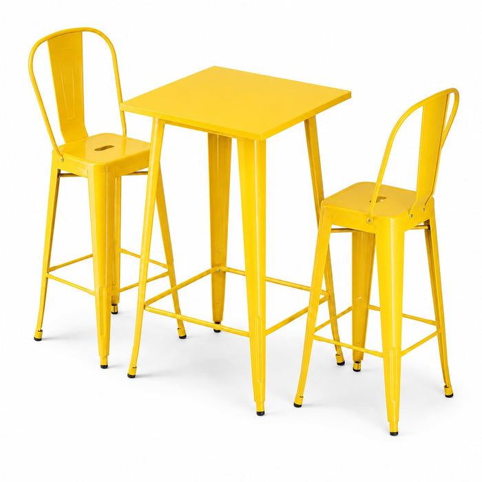 Glownary Alloy Square Bar Height Outdoor Table Set, Citrine Yellow Steel, 23.5 x 23.5 Inch, with 2 Cafe Barstools, Indoor Outdoor Use