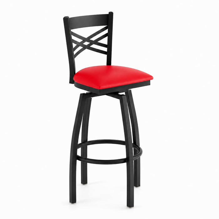 Glownary Cross Back Swivel Bar Stool, Black Steel Frame with Red Vinyl Padded Seat, 44.5 Inch Height, 330 lb Capacity