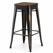 Glownary Alloy Indoor Backless Barstool, Distressed Copper with Walnut Wood Seat, 30.75 Inch Bar Height, 400 lb Capacity, Industrial Modern Style