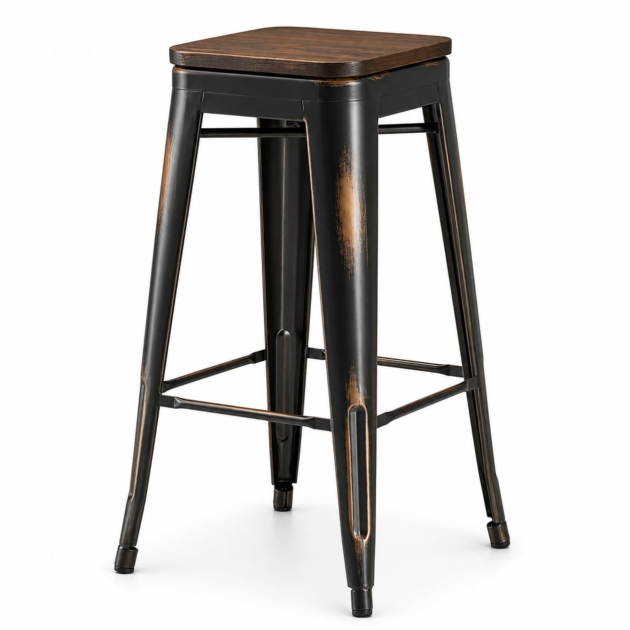 Glownary Alloy Indoor Backless Barstool, Distressed Copper with Walnut Wood Seat, 30.75 Inch Bar Height, 400 lb Capacity, Industrial Modern Style