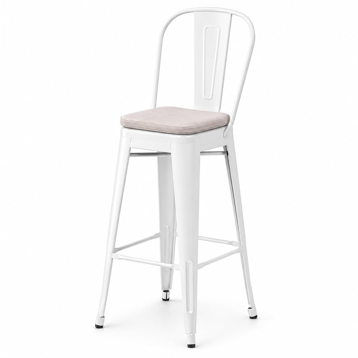 Glownary Alloy Outdoor Cafe Barstool, Pearl White Steel Frame with Gray Magnetic Cushion, Bar Height 30 Inch, Modern Coastal Style, Indoor Outdoor Use