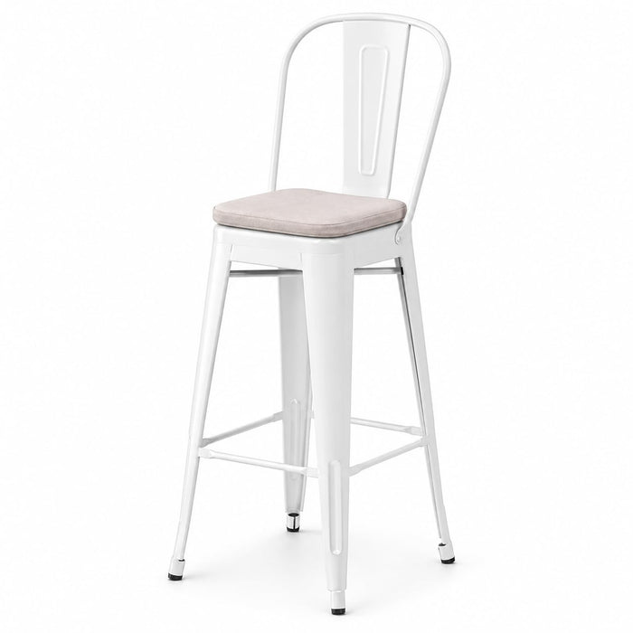 Glownary Alloy Outdoor Cafe Barstool, Pearl White Steel Frame with Gray Magnetic Cushion, Bar Height 30 Inch, Modern Coastal Style, Indoor Outdoor Use