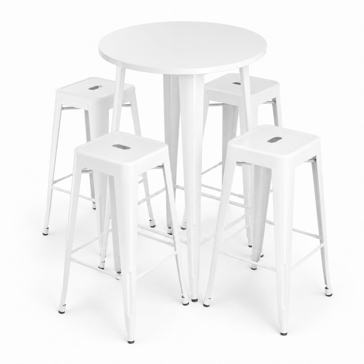 Glownary Alloy Round Bar Height Table Set, Pearl White, Steel, 30 Inch, with 4 Stackable Backless Barstools, Indoor Outdoor