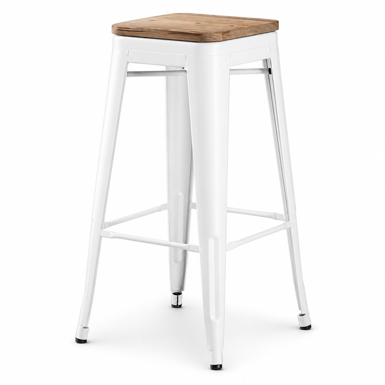 Glownary Alloy Pearl White Backless Barstool, Indoor Metal Frame with Gray Wood Seat, 30.75 Inch Bar Height, 400 lb Capacity, Stackable