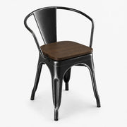 Glownary Alloy Indoor Arm Chair with Walnut Wood Seat, Distressed Onyx Black Steel Frame, Industrial Modern Style, 17.75 Inch Seat Height, 400 lb Capacity