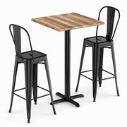 Glownary Excalibur Square Bar Height Table Set, Yukon Oak Textured Top with 2 Black Steel Barstools, 27.5x27.5 Inch, Indoor Outdoor