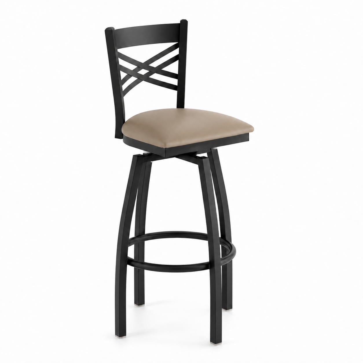 Glownary Cross Back Swivel Bar Stool, Black Steel Frame with Taupe Vinyl Padded Seat, 44.5 Inch Height, 330 lb Capacity, Indoor Use