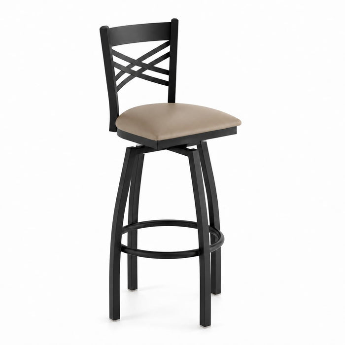 Glownary Cross Back Swivel Bar Stool, Black Steel Frame with Taupe Vinyl Padded Seat, 44.5 Inch Height, 330 lb Capacity, Indoor Use